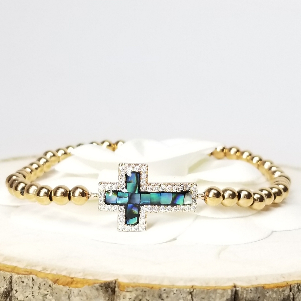 18K Gold Stainless Steel Pave CZ Cross Bracelet - Picture 9 of 10